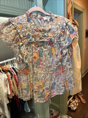 Sea New York Pastel Floral Smocked Ruffle Blouse
